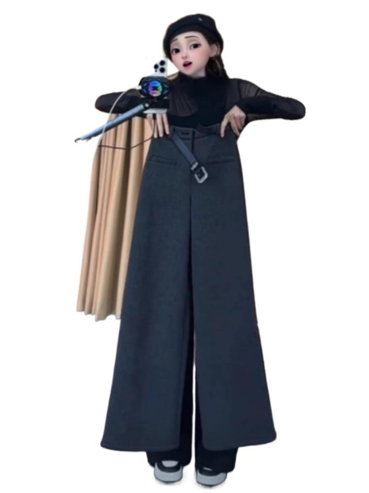 Women's Wool Wide-Leg Pants: Spring/Fall Loose Fit, Straight-Leg, Slimming Pockets with Velvet for Winter.