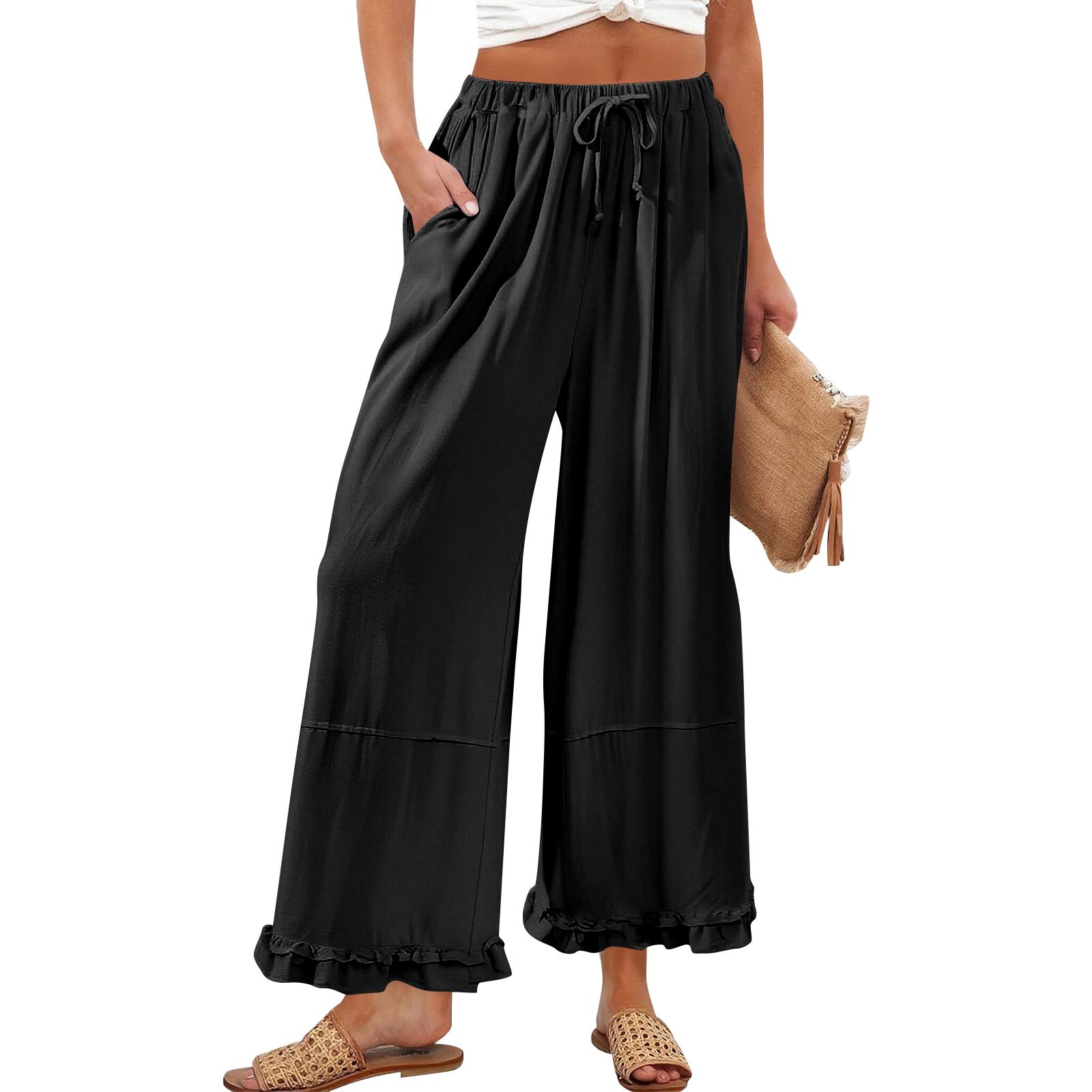 

Women’s Wide Leg Lounge Pants with Drawstring Waist and Ruffle Hem Casual Loose Fit Lightweight Trousers with Pockets S чёрный