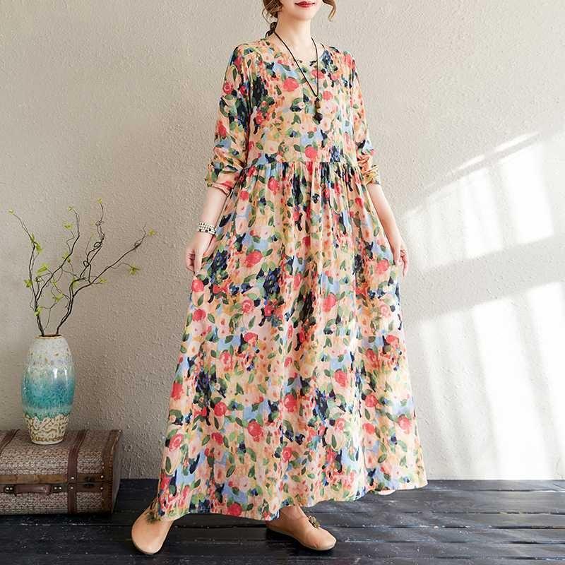 Travel Round Neck Vintage Long Flesh Covering Dresses