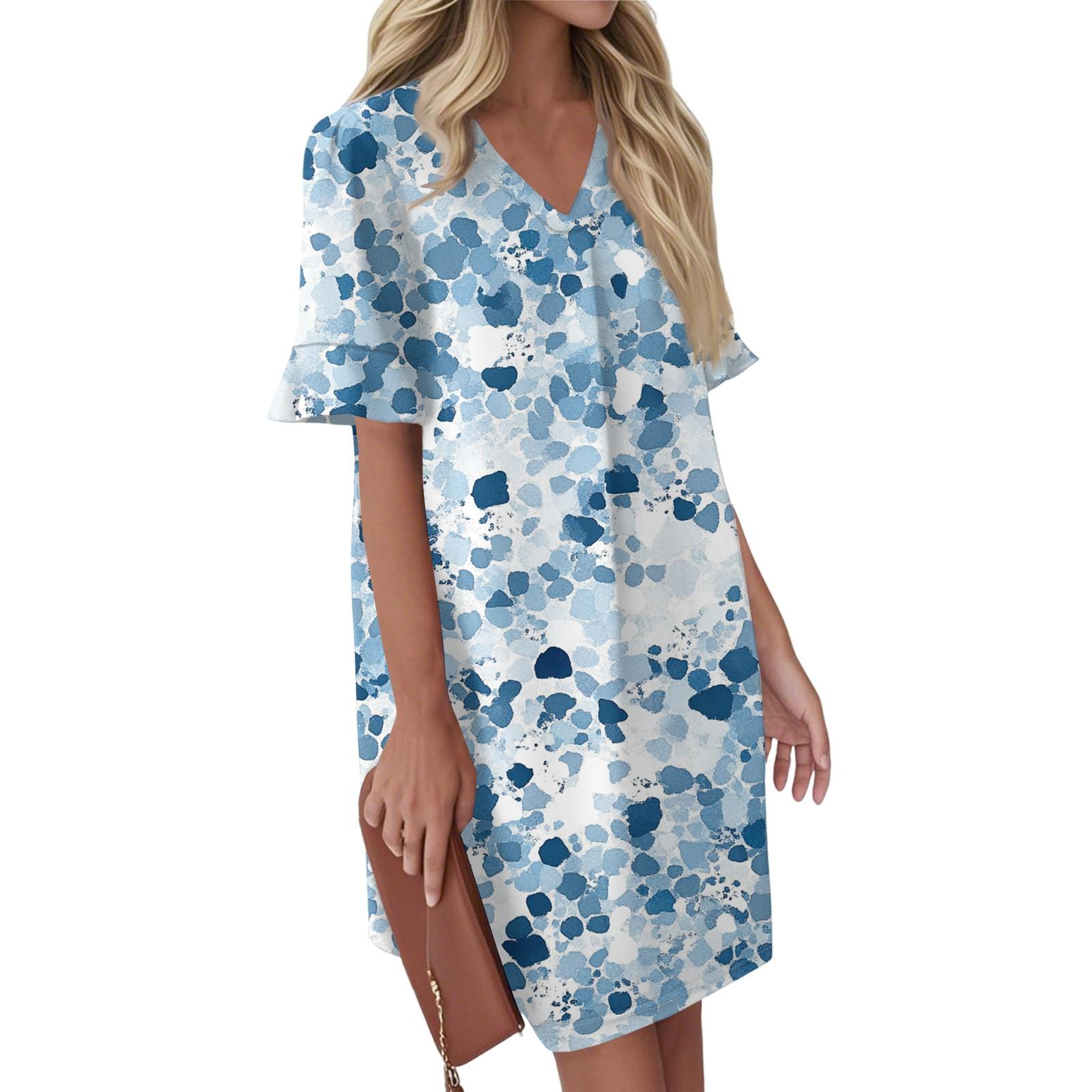 

Women s Summer Vintage Color Block Patchwork Print Dress Pleated Short Sleeve V Tie Pocket Casual Dress L