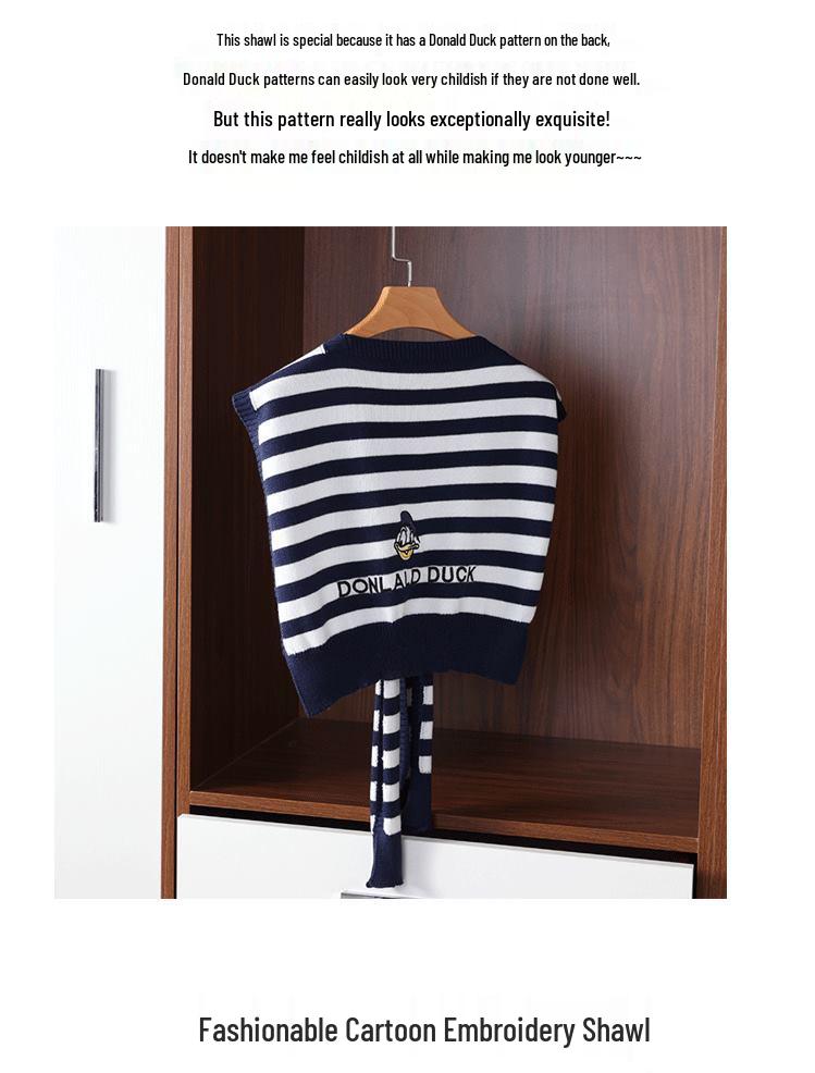 Donald Duck Embroidered Striped Wool Shawl - Women's Lightweight Knitted Scarf & Shoulder Protector for Spring & Autumn