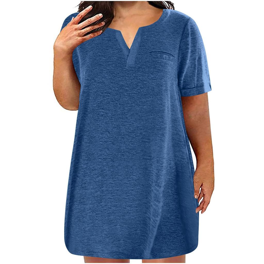 Dámské šaty velké velikosti s výstřihem do V, krátkým rukávem, letní ležérní jednobarevná tunika s kapsou