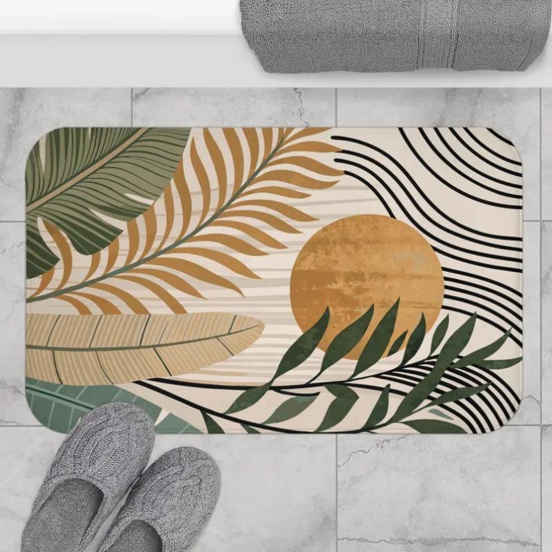 Boho Tropical Sun Palm Leaf Door Mat Modern Botanical Abstract Absorbent Floor Carpet Soft Non-Slip Decor Entryway Rug