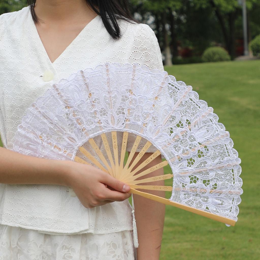 Lace Bamboo Hand Fan Romantic Embroidered Bamboo Fan Floral Lace Hand Fan Elegant For Weddings Summer Outings Cosplay