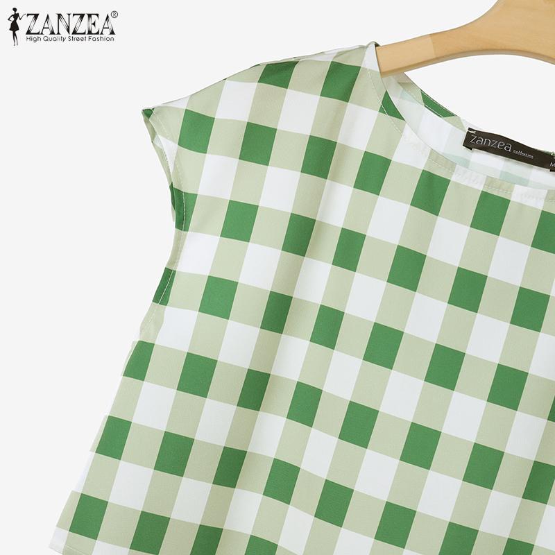 ZANZEA Women Short Sleeve Blouse and Long Skirts Plaid Print Two Piece Sets
