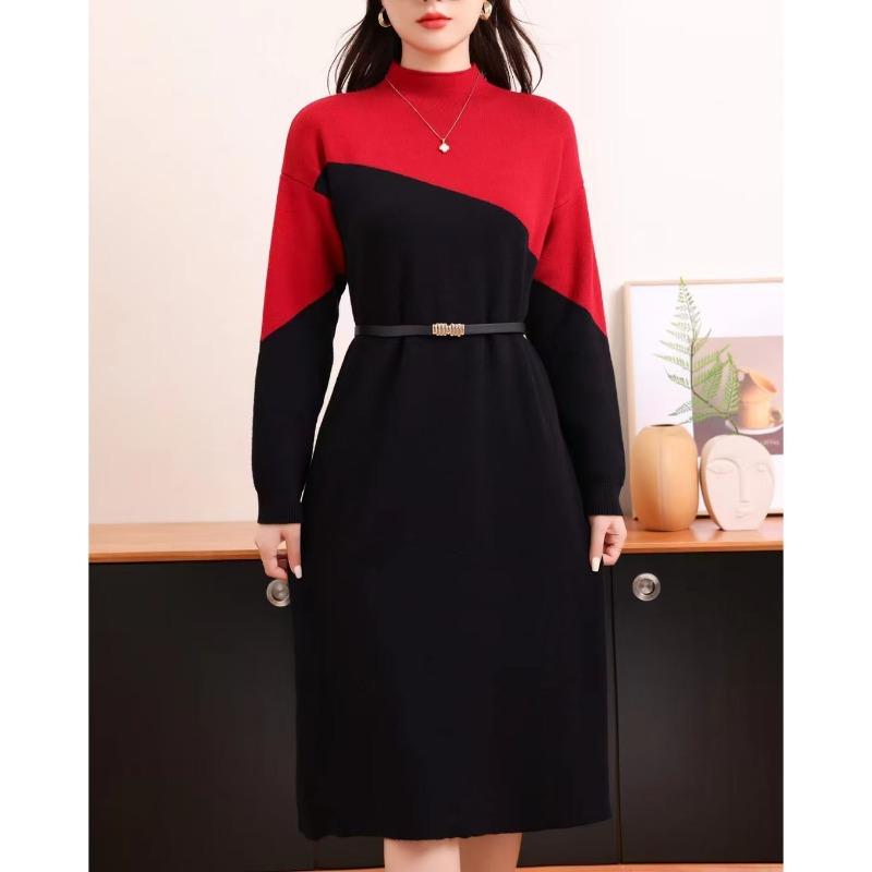 Semi-turtleneck contrasting sweater skirt autumn and winter elegant temperament waist new bottom knitted dress women