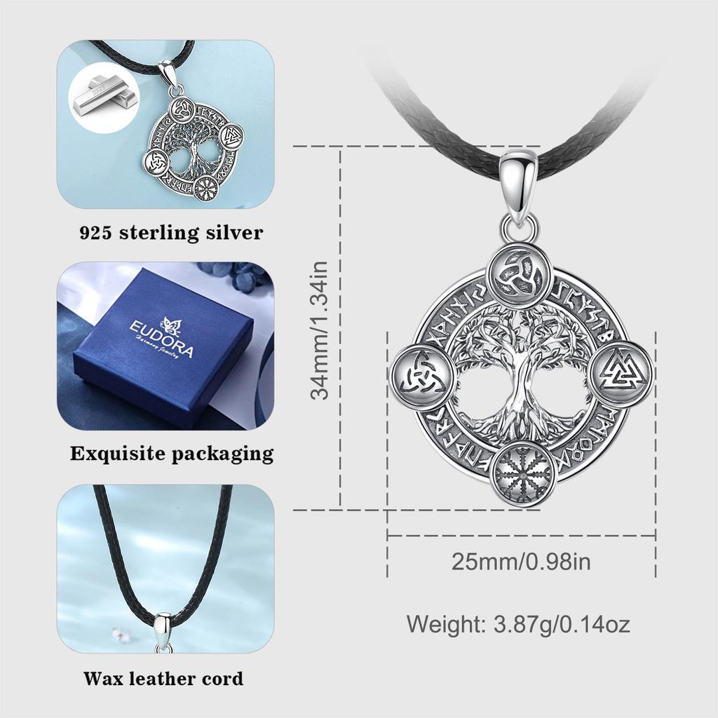 Eudora 925 Silber Lebensbaum Halskette Nordische Runen Hexe Keltischer Knoten Yggdrasil Amulett Anhänger Mann Wikinger Schmuck