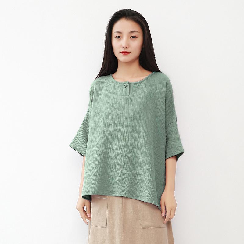 

2019 Женская Литературная Двухслойная Хлопково-Льняная Футболка с Коротким Рукавом и Круглым Вырезом Свободного Кроя - Однотонный Летний Топ One Size