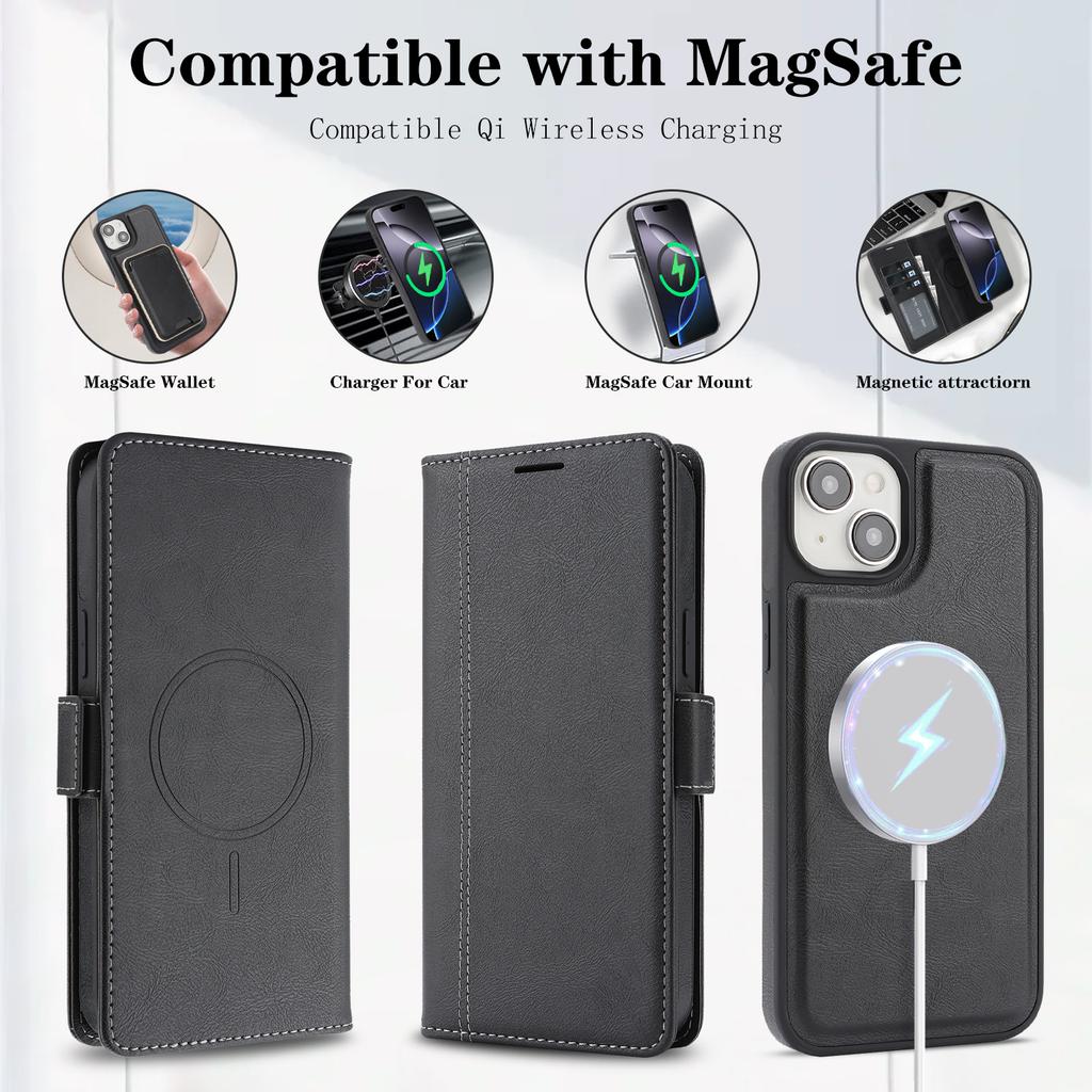 For iPhone 15 Case Detachable 2 in 1 Leather Wallet Phone Cover Compatible with MagSafe