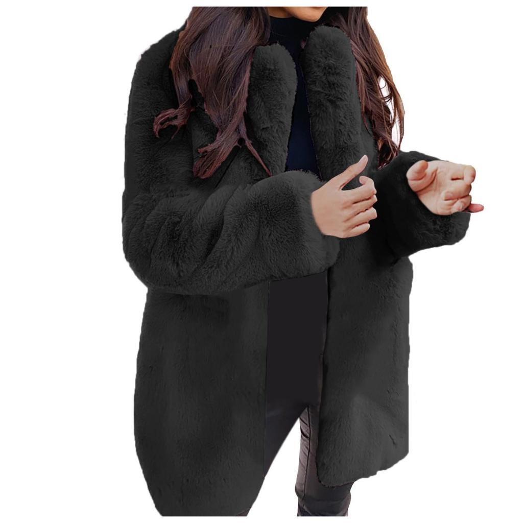 Womens Ladies Warm Plus Size Solid Color Plush Long Sleeve Lapel Imitation Coat