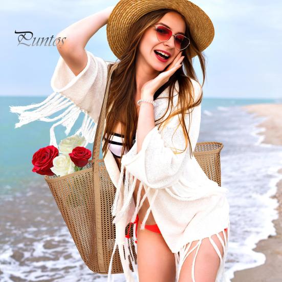 Beach Bag Large Capacity Summer Travel Mesh Tote Bag with Large Pocket Sand-proof Woven Shoulder Handbag