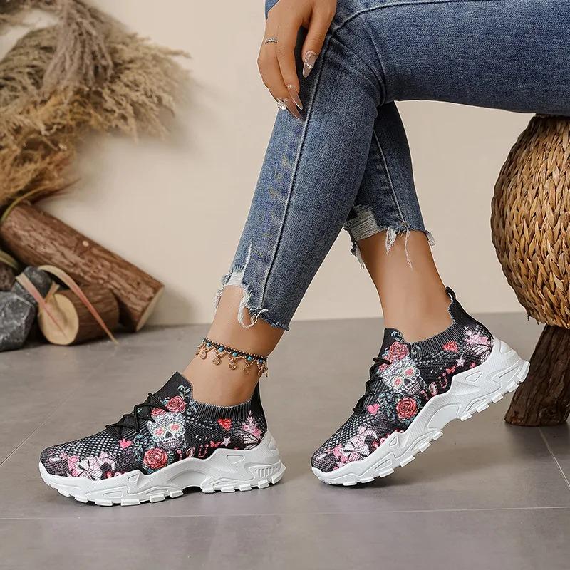 Dames fritidsvevd nettstoff blomsterknyttede sports komfortable og pustende løpesko