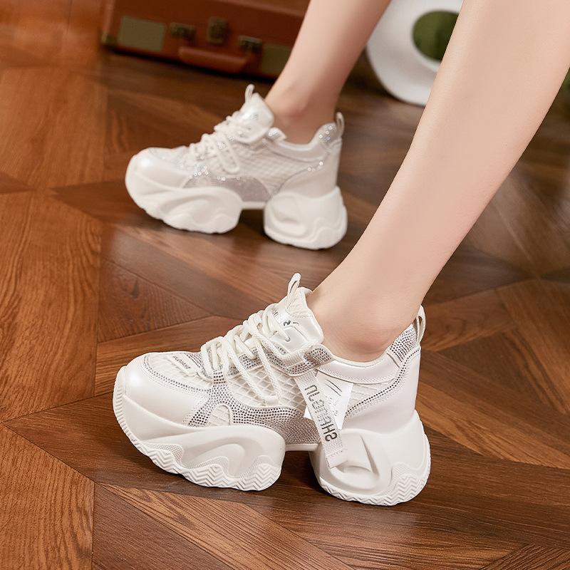 Daddy Shoes Girl 2025 Autumn New Horseshoe Heel Mesh Breathable Rhinestone Platform Shoes Inner Height Increasing Casual Sneakers