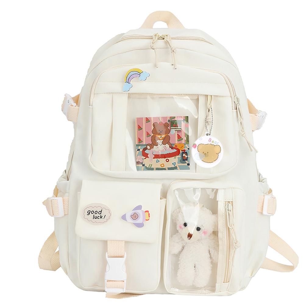 Student Schoolbag Fashion College Student Rucksack Nylon with Plush Pendant Pin Cute Large Capacity Japanese Style for Vacations