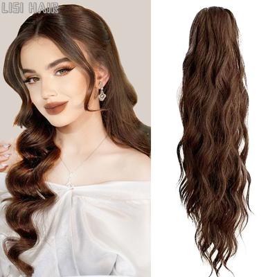 Synthetische lange gewellte Pferdeschwanz-Haarverlängerungen, Klaue zum Anklipsen, Pferdeschwanz-Haarteil, natürliches schwarzbraunes Haar für Frauen, Cosplay-Kleidung