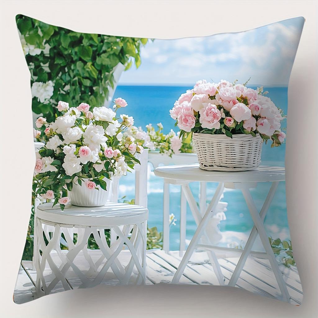 Beach Scenes With Flowers Printed Decorative Cushions Polyester pillowcase, sofa decorative cushion cov Headboard Pillow