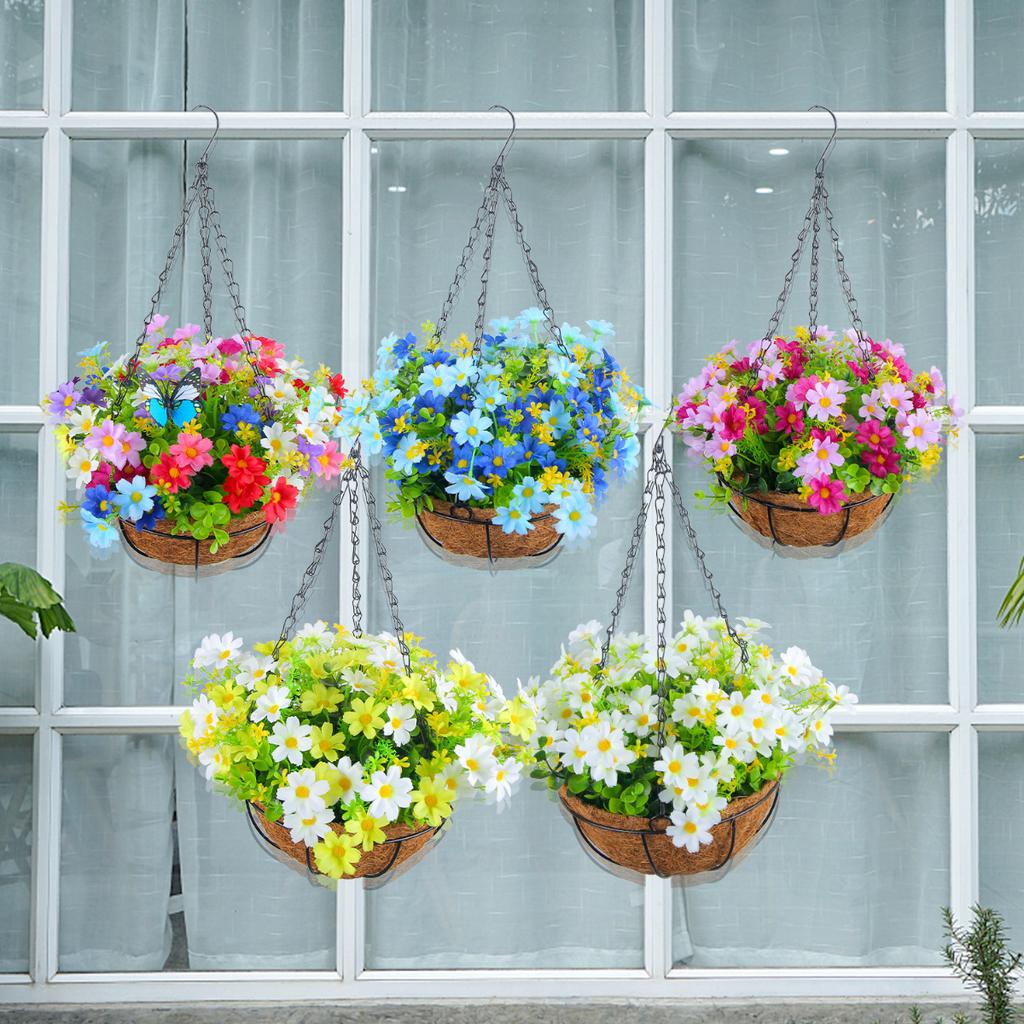 Artificial Flower Hanging Basket with Bow-shaped Decoration, Iron-wrought Hanging Pot for Green Plants, High-quality Artificial Flowers