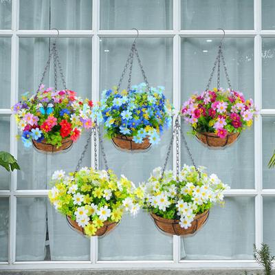 Artificial Flower Hanging Basket with Bow-shaped Decoration, Iron-wrought Hanging Pot for Green Plants, High-quality Artificial Flowers