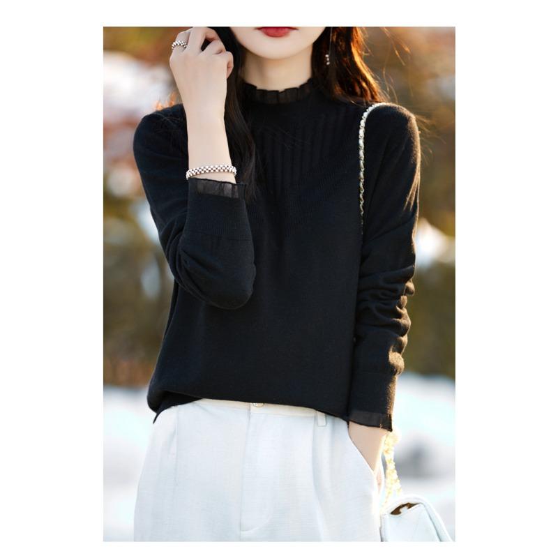 Spring and Autumn Women's Lace Collar Solid Color Loose Pullover Sweater Bottom Shirt