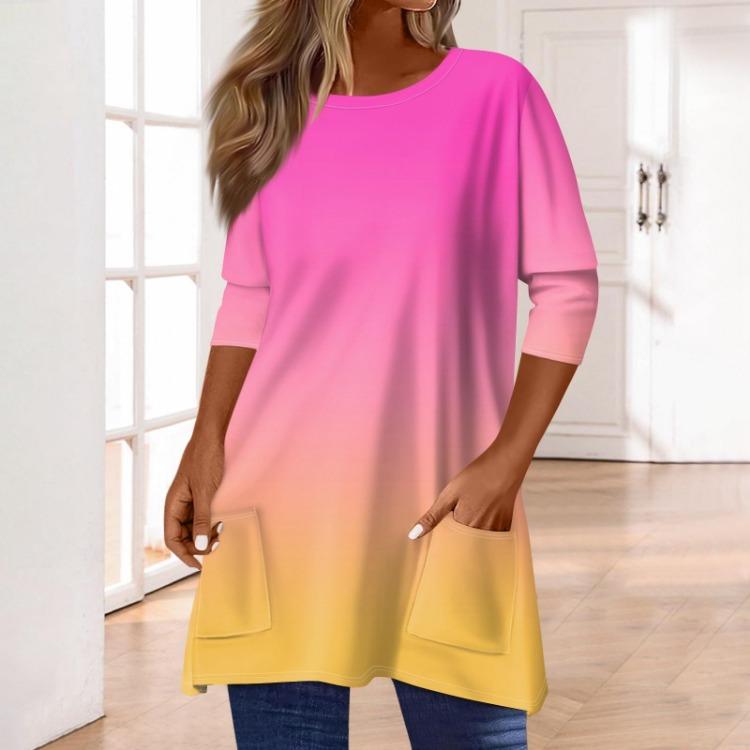 Women 3/4 Sleeve Round Neck T Shirt Casual Print Blouse Pullover Tops with Pocket Mid Length
