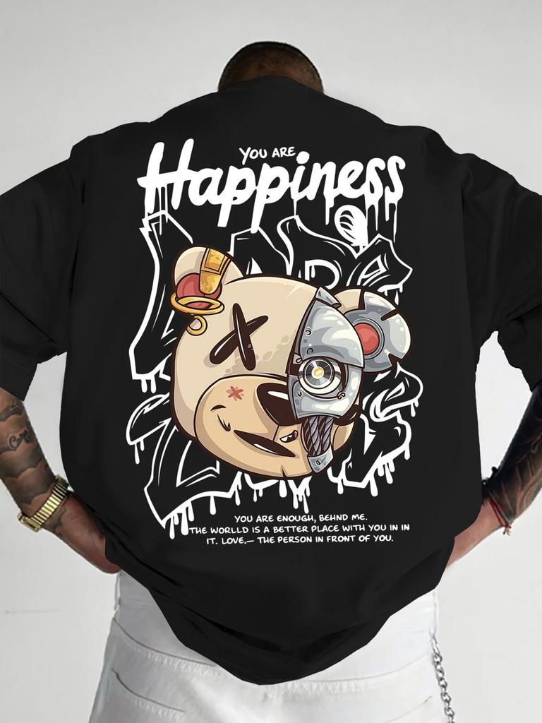 Modny męski nowy letni T-shirt z nadrukiem maszyny, misia i litery, wygodny i oddychający, z okrągłym dekoltem, do noszenia na zewnątrz, w mieście, na ulicy