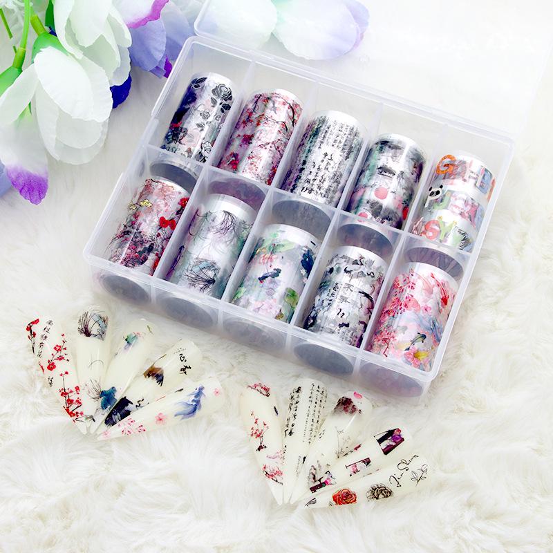 Chińskie Tuszowe Naklejki do Nail Artu: Gwieździste Niebo, Bambus, Kwiat Śliwy - 10 Wzorów