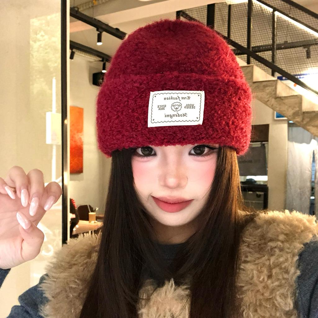 Tissu Patchwork bonnet tricoté rouge pour enfants bonnet d'hiver épaissi chaud froid montrant un petit visage atmosphère protection oreilles bonnet en laine