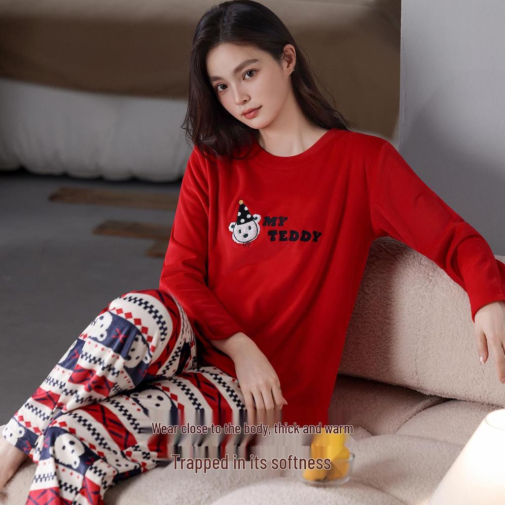 Women's Christmas Red Velvet Teddy Bear Pajamas - Warm, Breathable, Casual Coral Fleece Homewear for Autumn, Winter, Spring