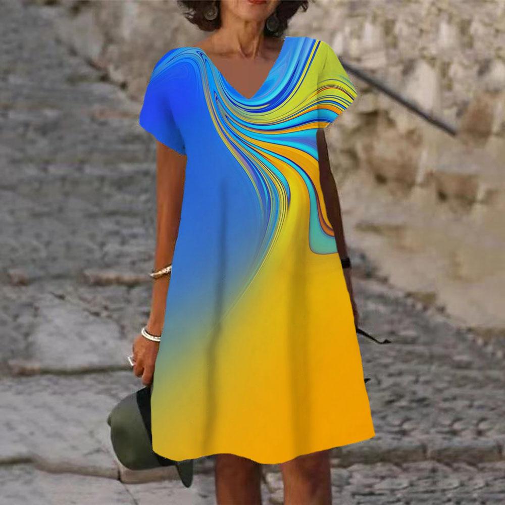 Tie Dye Regenbogenprint Damenkleid Elegant Süß Lässig Kurzarm V-Ausschnitt A-Linie Kleid Sommer Mode Oversized Kleidung Damen