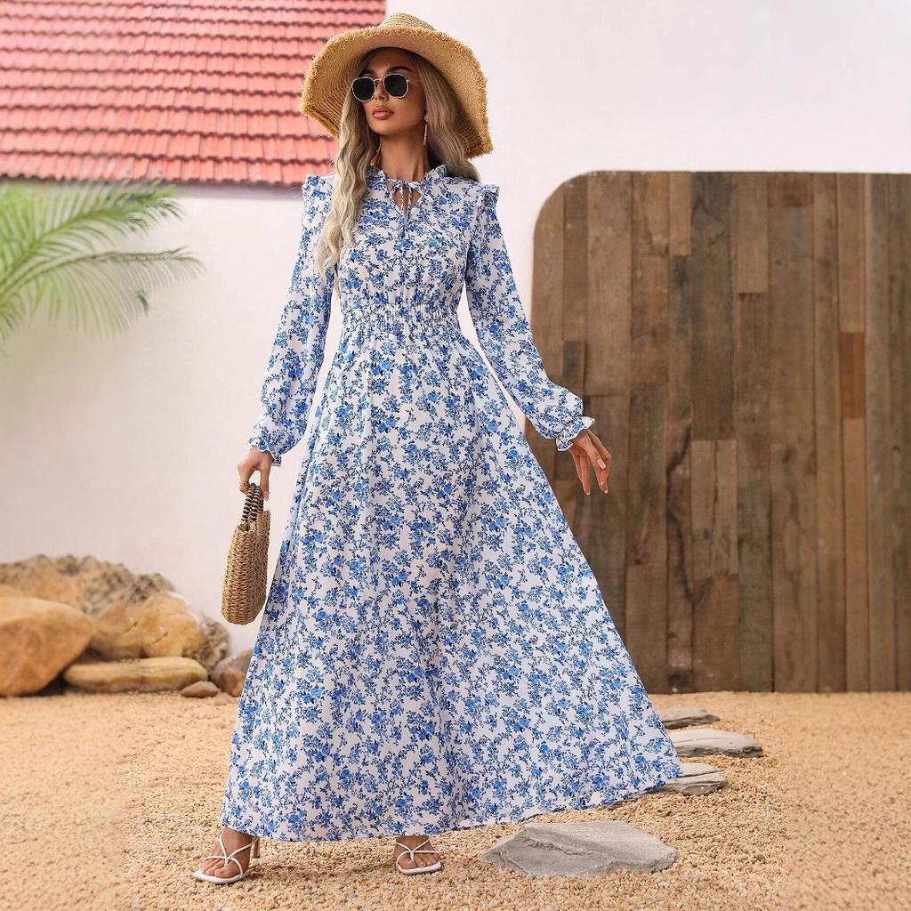 Women's Stand Collar Long Sleeve Maxi Dress Loose Elastic Waist Floral A-Line Sundress Polyester Vacation Dress