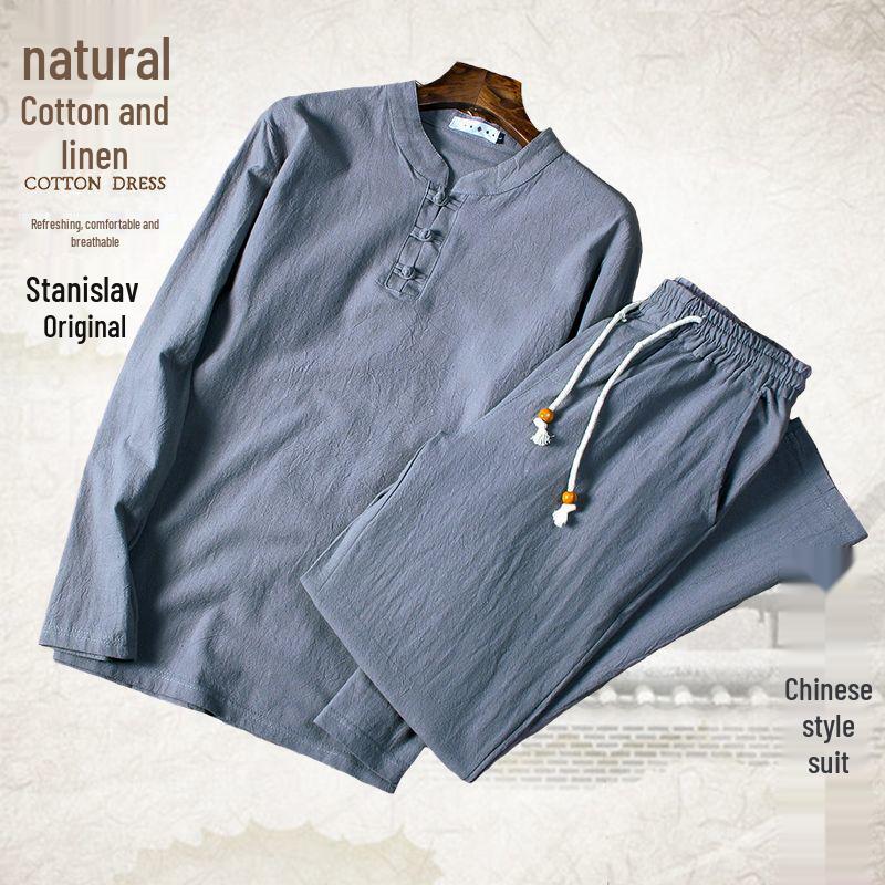 Men's Cotton-Linen Chinese Style Suit: Long-Sleeved, Loose Fit for Middle-Aged and Elderly - Perfect for Spring and Autumn.