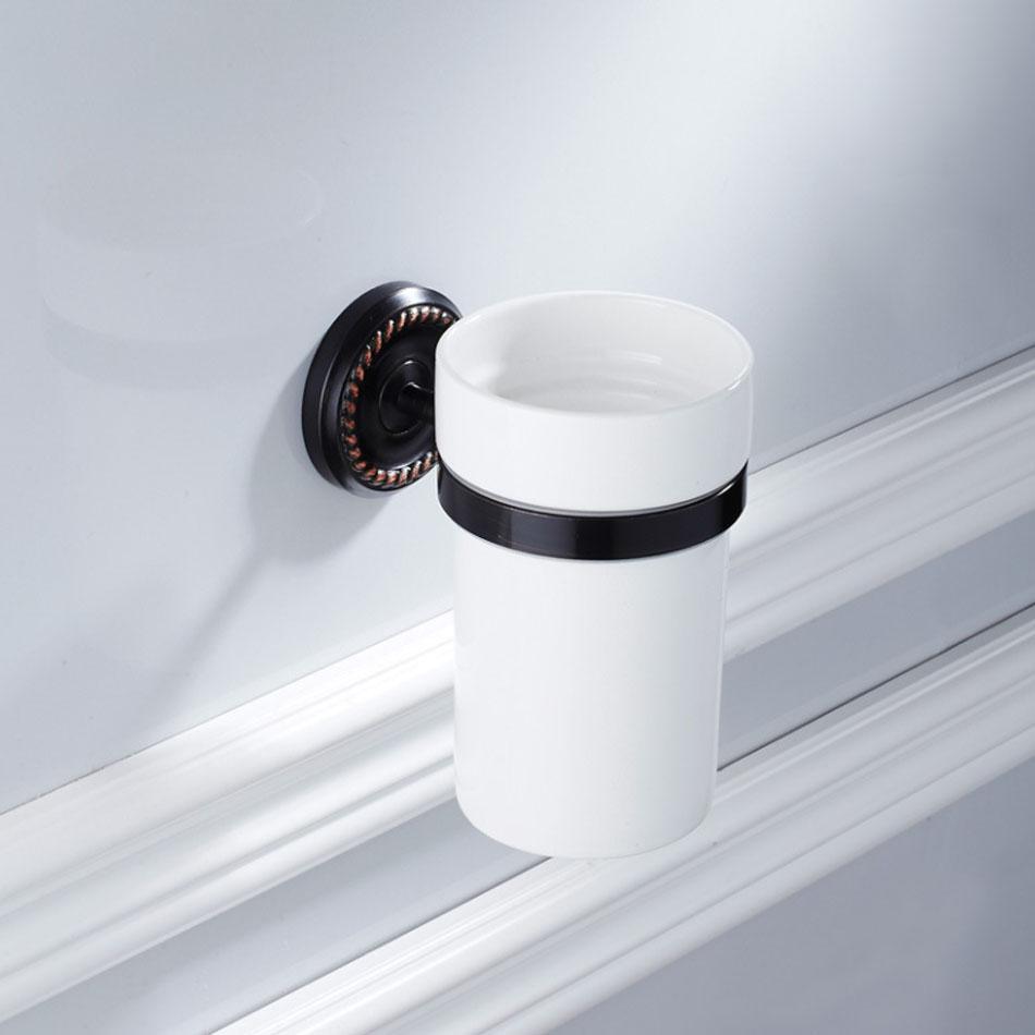 Brushed Black Toilet Brush Holder Brass Wall Mounted Bathroom Hardware Lavatory Round Ceramic Cup WC Brush Rack Shelf Set