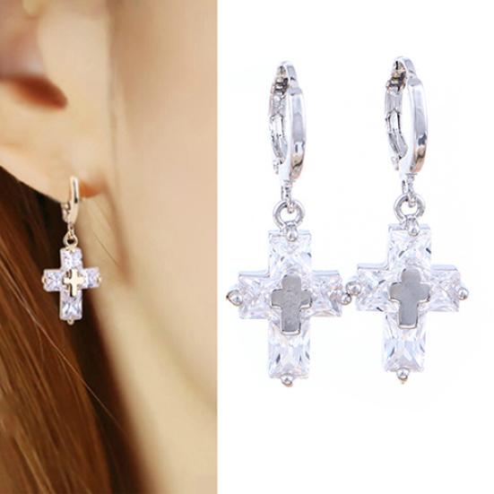 Women's Luxury Cubic Zirconia Dangle Drop Cross Hoop Earrings Banquet Jewelry
