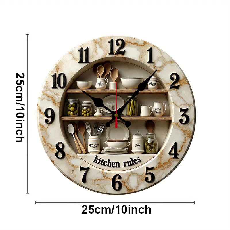 

2D Flat Kitchen Rules Design Wooden Round Silent Hanging Wall Clock,For Living Room,Office,Study Room,Bedroom, Home Decoration 10 inch