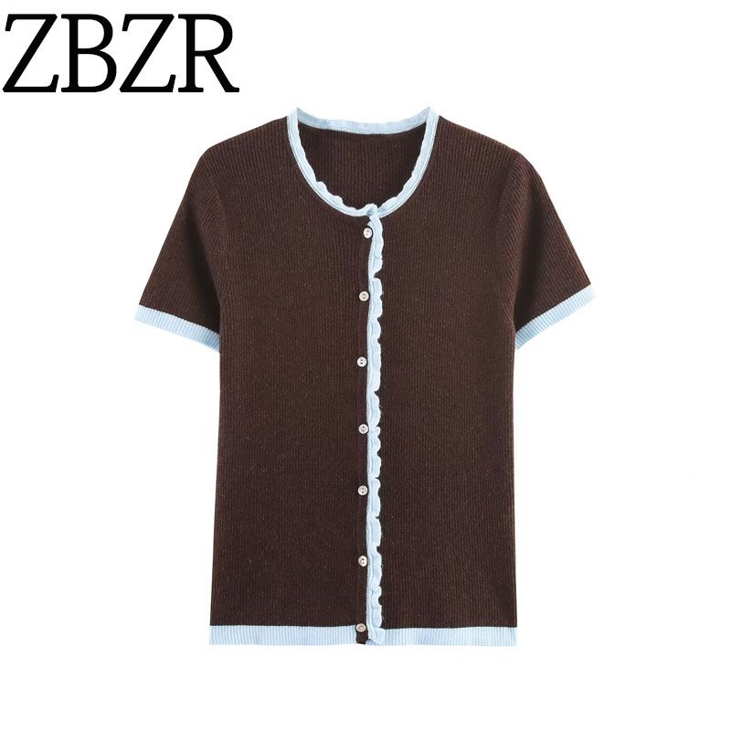 Zbzr Spring New Women clothes Western Style Fashion Slim fit Contrast Color Knitted round Neck Short sleeve Outerwear 0014114