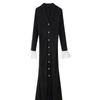 LYRIA Elegant Knitted V-neck Long Dress Women Patchwork Single Breasted Long Puff Sleeve Slim Dresses Chic Female Hip Package Vestidos