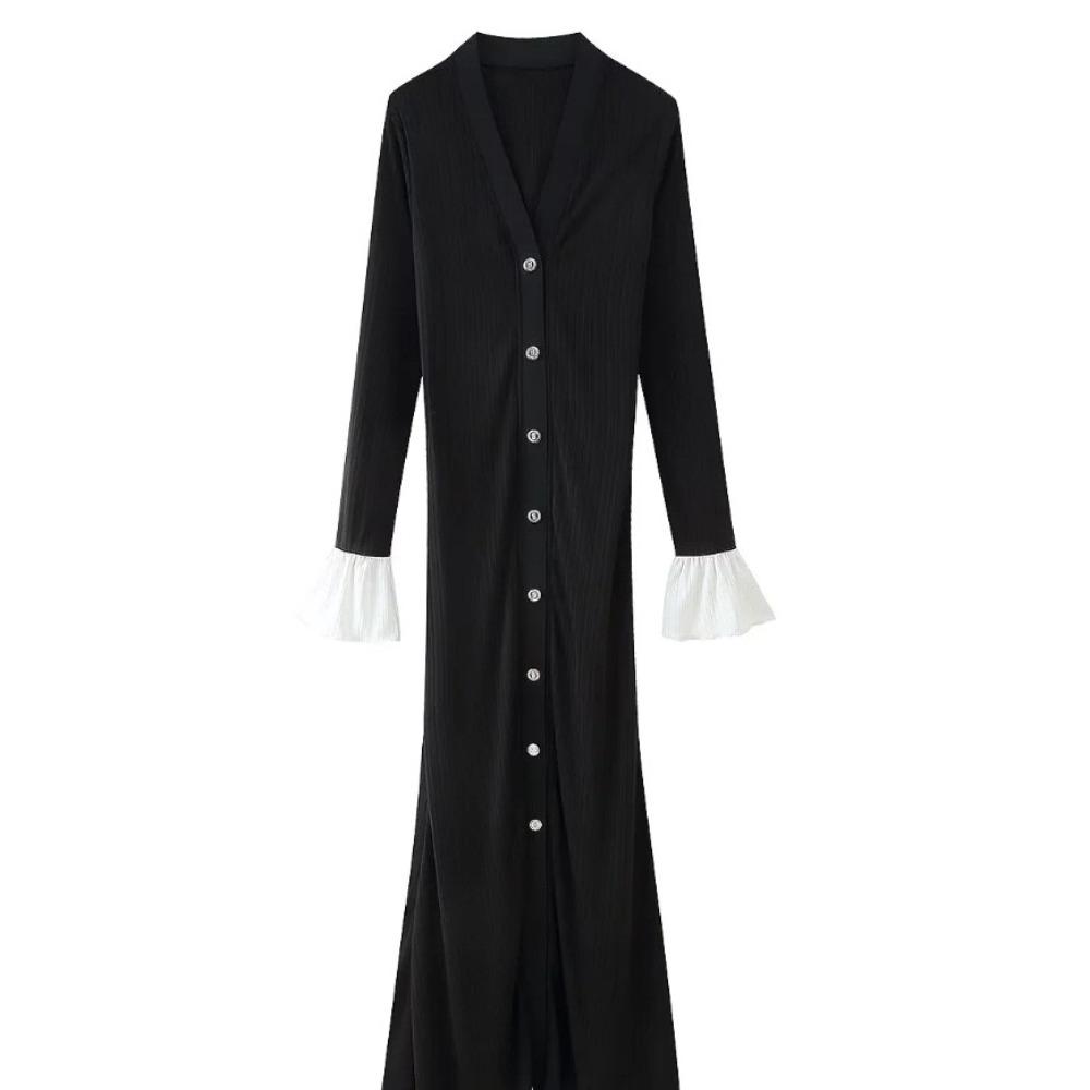 LYRIA Elegant Knitted V-neck Long Dress Women Patchwork Single Breasted Long Puff Sleeve Slim Dresses Chic Female Hip Package Vestidos