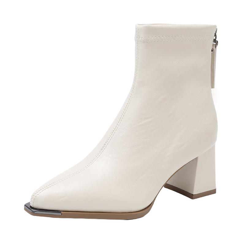 

Collision resistant Metal Pointed Toe Booties Fall New Rear Zip Soft Sole Non slip Block Heel Everyday Use 39