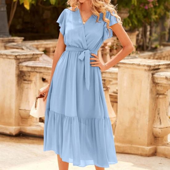 Women's Summer Midi Dress V Neck Ruffle Cap Sleeve Flowy Wrap Dress Boho Beach A-line Swing Sundress