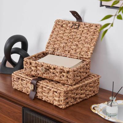 Scatola Portaoggetti Cesto Intrecciato in Rattan con Chiusura a Cinturino in Pelle Organizer per Tavolino Libreria
