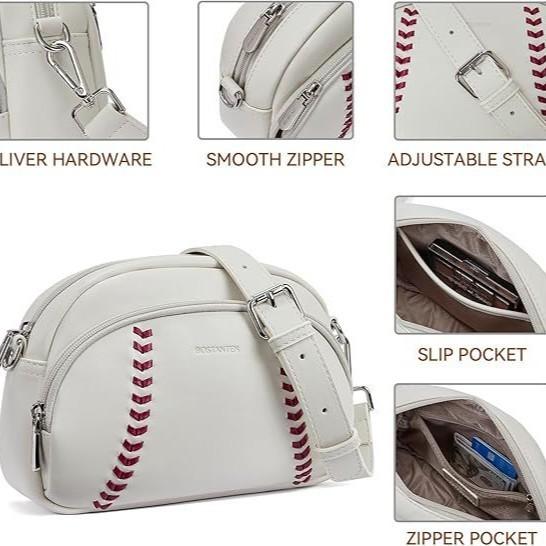 IELGY Trendy Leather Retro Baseball Style Shoulder Bag Zipper Shoulder Strap Crossbody Bag
