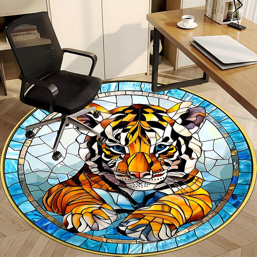 1 Stück Tiger Buntglas Büro Runder Teppich, Indoor-Matte Geeignet Für Büro, Unter Bürostühlen Schlafzimmer Wohnzimmer Heimdekoration, Raumdeko