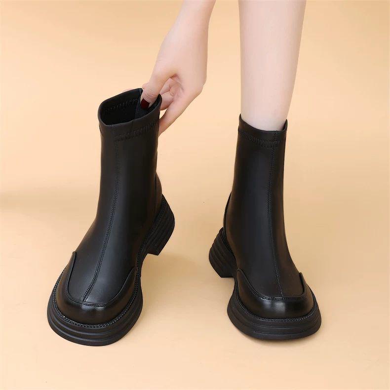 Women's Genuine Leather Chelsea Ankle Boots - New 2025 British Style, Winter Velvet Lining, Thick Sole, Slimming Design, Available in Plus Size 41