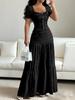 Damen Quadratischer Ausschnitt Kurze Ärmel Maxikleid Lässig Raffung Knopfleiste Vorne Stufenkleid Einfarbig Partykleid