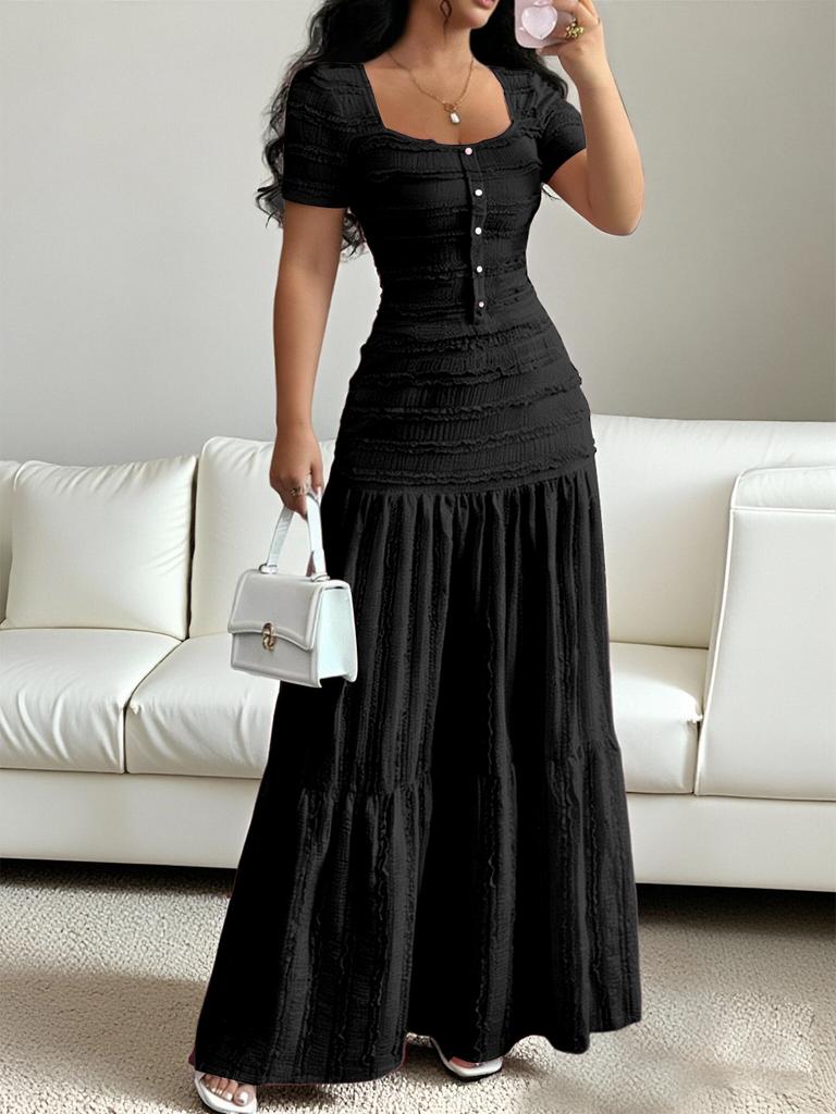 Damen Quadratischer Ausschnitt Kurze Ärmel Maxikleid Lässig Raffung Knopfleiste Vorne Stufenkleid Einfarbig Partykleid