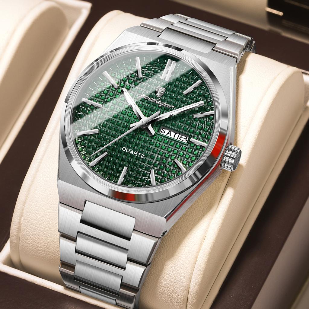 POEDAGAR Luxe Herenhorloge Datum Week Waterdicht Lichtgevend Roestvrij Staal Horloge voor Man Casual Kwarts Horloges Mannelijk Sport+Doos