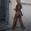 European & American Leopard Print Lapel Suit Jacket with High Waist Wide-Leg Pants Two-Piece Set