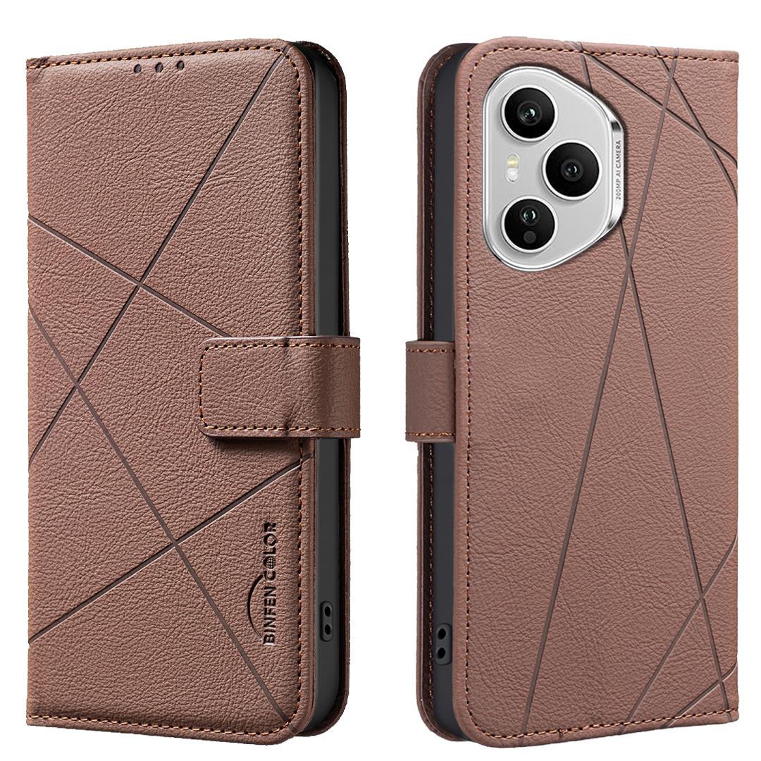 

For Honor 400 Pro 5G (Global) Case BINFEN COLOR BF35 Geometry Imprinted Leather Phone Cover RFID Blocking Wallet Stand Brown