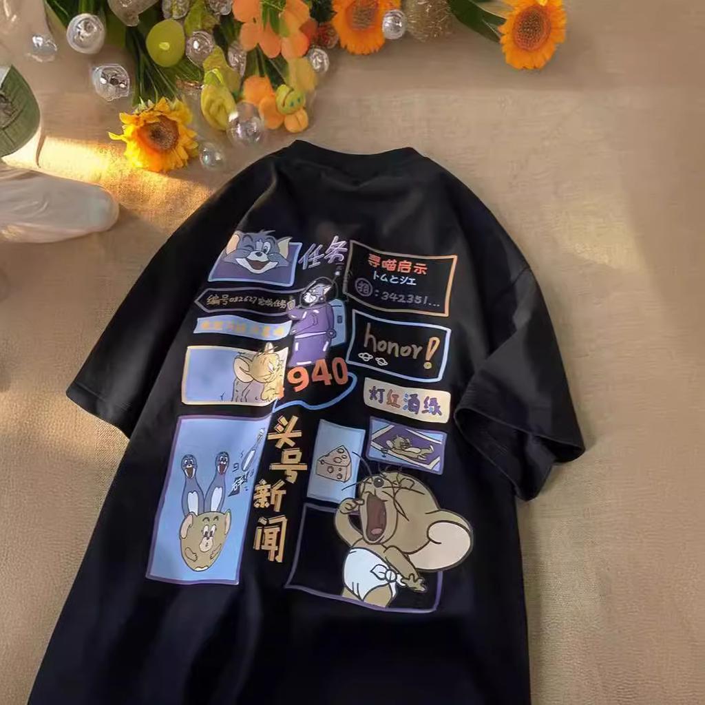 Fat mm cartoon t-shirt women's design sense niche summer loose student short sleeve ins trendy sweet and spicy top large size women's clothing