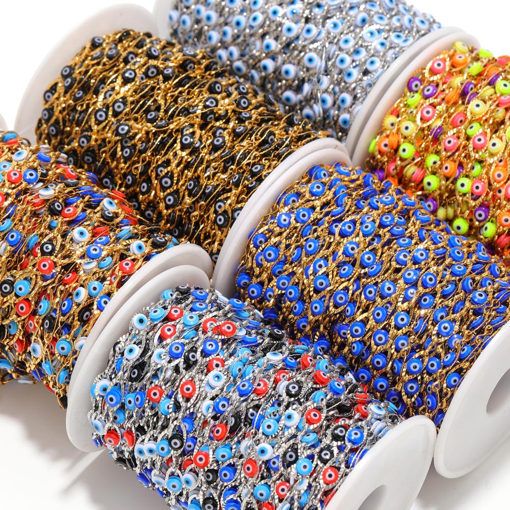 1 Meter Stainless Steel Plastic Beads Turkey Eyes Charms Oval Link Chains Beaded Chain for DIY Jewelry Necklace Bracelet Making
